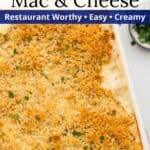 A ban of baked mac and cheese with a graphic overlay of text.
