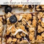 Squares of berry crumble bars with a graphic overlay of text.