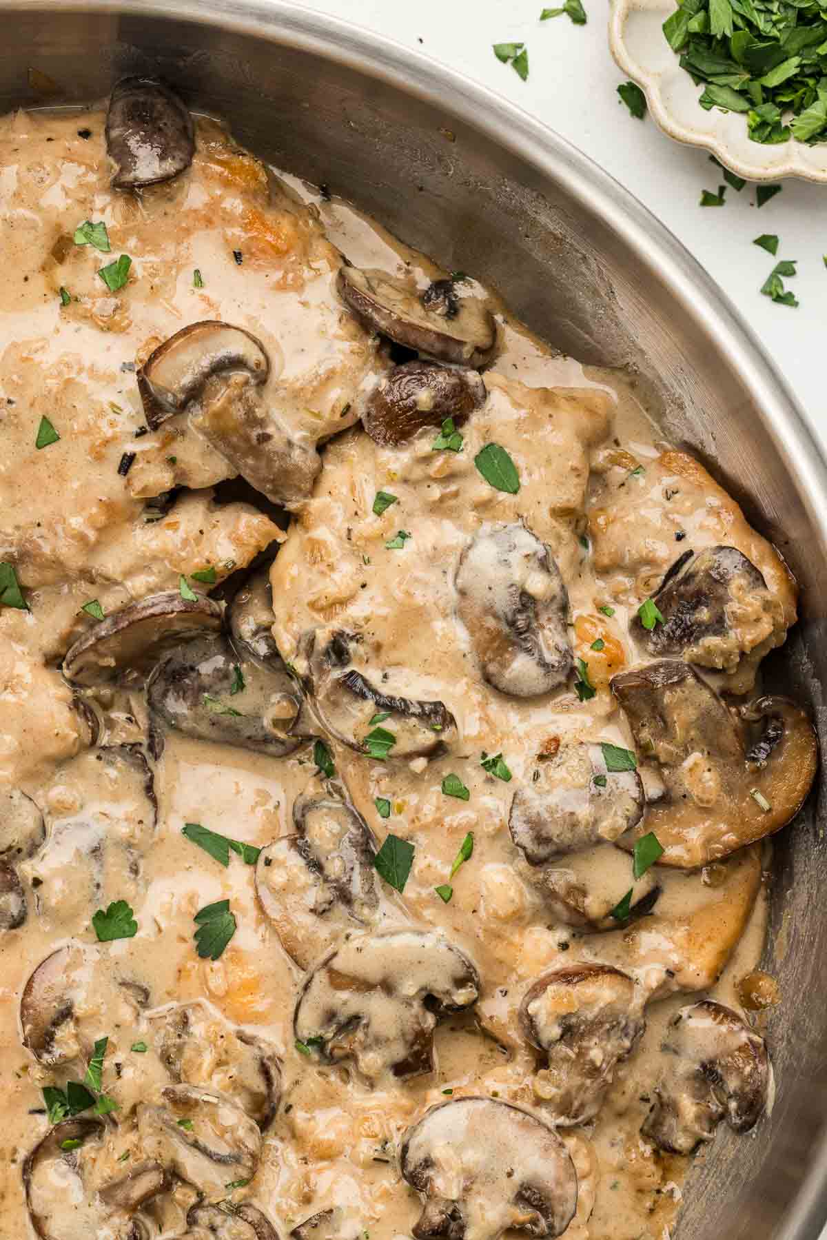A pan of chicken marsala.