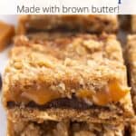 Upclose carmelita bars stacked on top of each other with a graphic overlay.