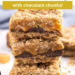 Caramel bars stacked in a pillar with an overlay of text.