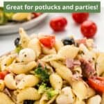 A graphic overlay on an image of a small dish of creamy pasta salad.
