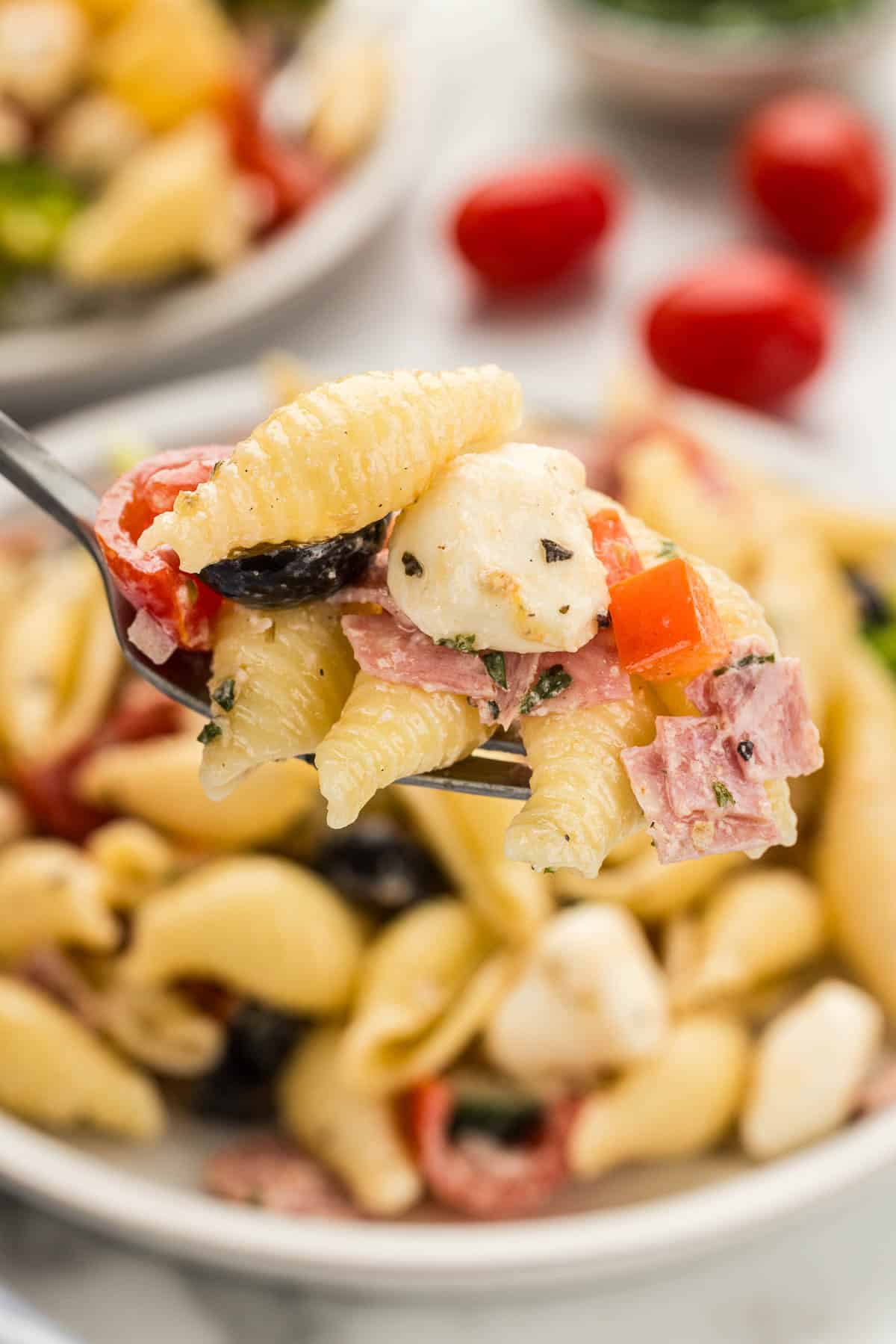 A fork holding a bite of pasta salad with creamy dressing.