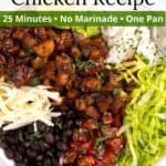 A mix of chicken and sides in a serving dish with a graphic overlay.