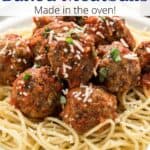 A serving of spaghetti and meatballs with a graphic overlay of text.