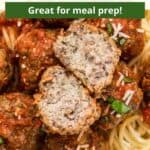 A cut meatball piled with more meatballs on pasta with a graphic overlay.