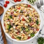 A large dish of creamy pasta salad.