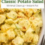 Potato salad in a white dish with a graphic overlay.