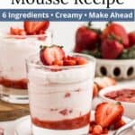 A serving cup of strawberry mousse with a graphic overlay.