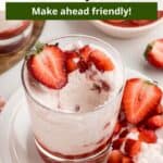 A spoonful of strawberry mousse beside a glass on a serving dish with an overlay of text.