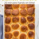 A pan of sliders baked golden with a graphic overlay.