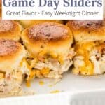 A side view of a pan of ranch sliders with an overlay of text on the image.