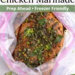 An overlay of text at the top of an image of marinade in a bag with chicken.