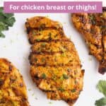 Chicken breasts with slices of lime and a graphic overlay of text.