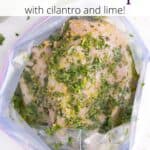 Marinaded chicken in a bag with a graphic overlay.