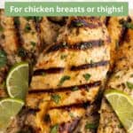 A cooked cilantro lime chicken breast with an overlay of text.