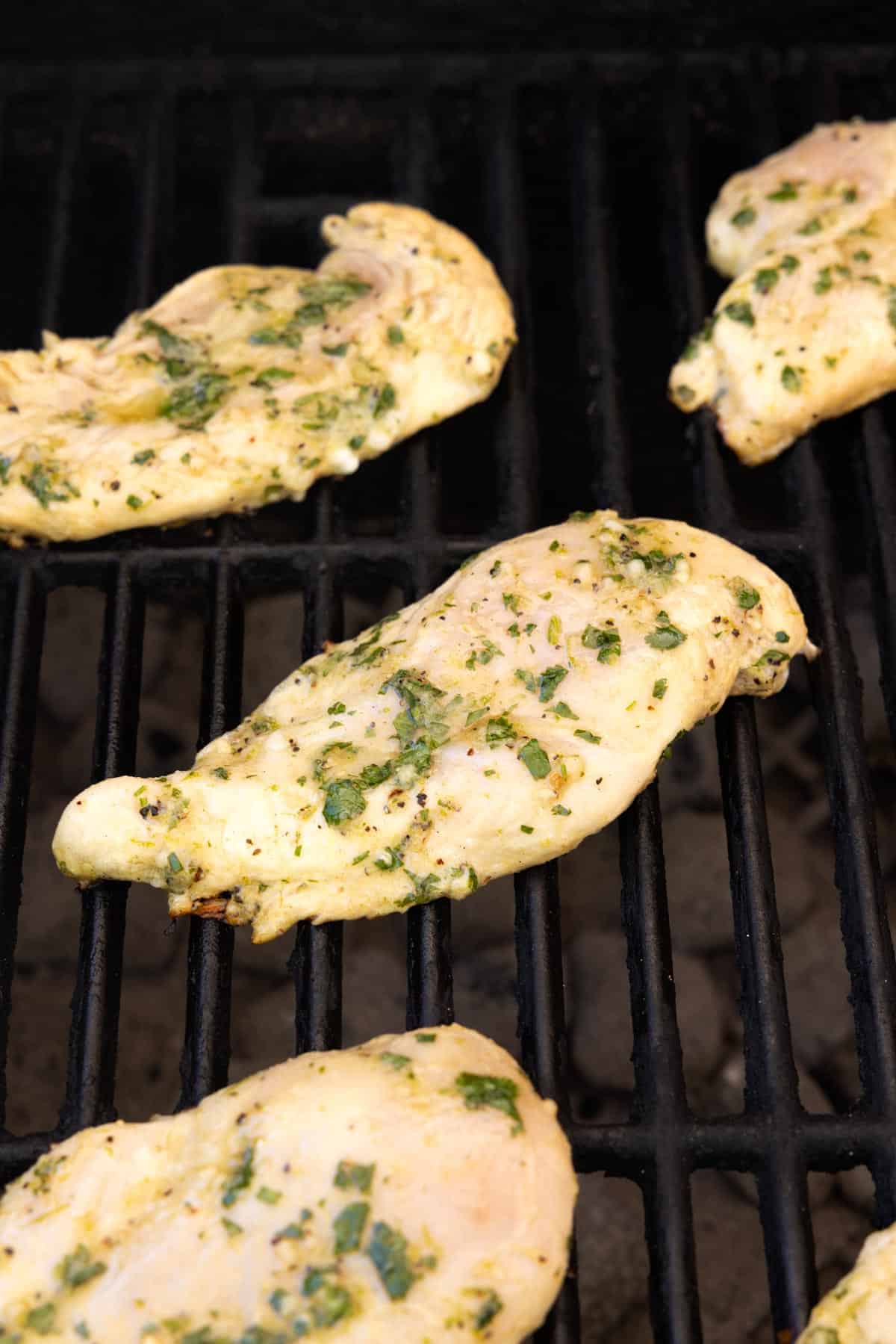 Raw chicken topped with herbs on a grill.