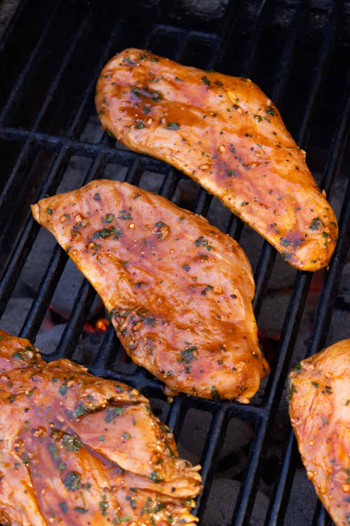 Marinated chicken in rows on a grill.