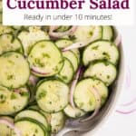 A serving of cucumber salad in a dish with a graphic overlay.