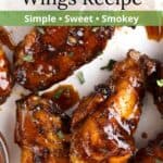 Closeup of honey chipotle wings covered in sauce with an overlay of text.