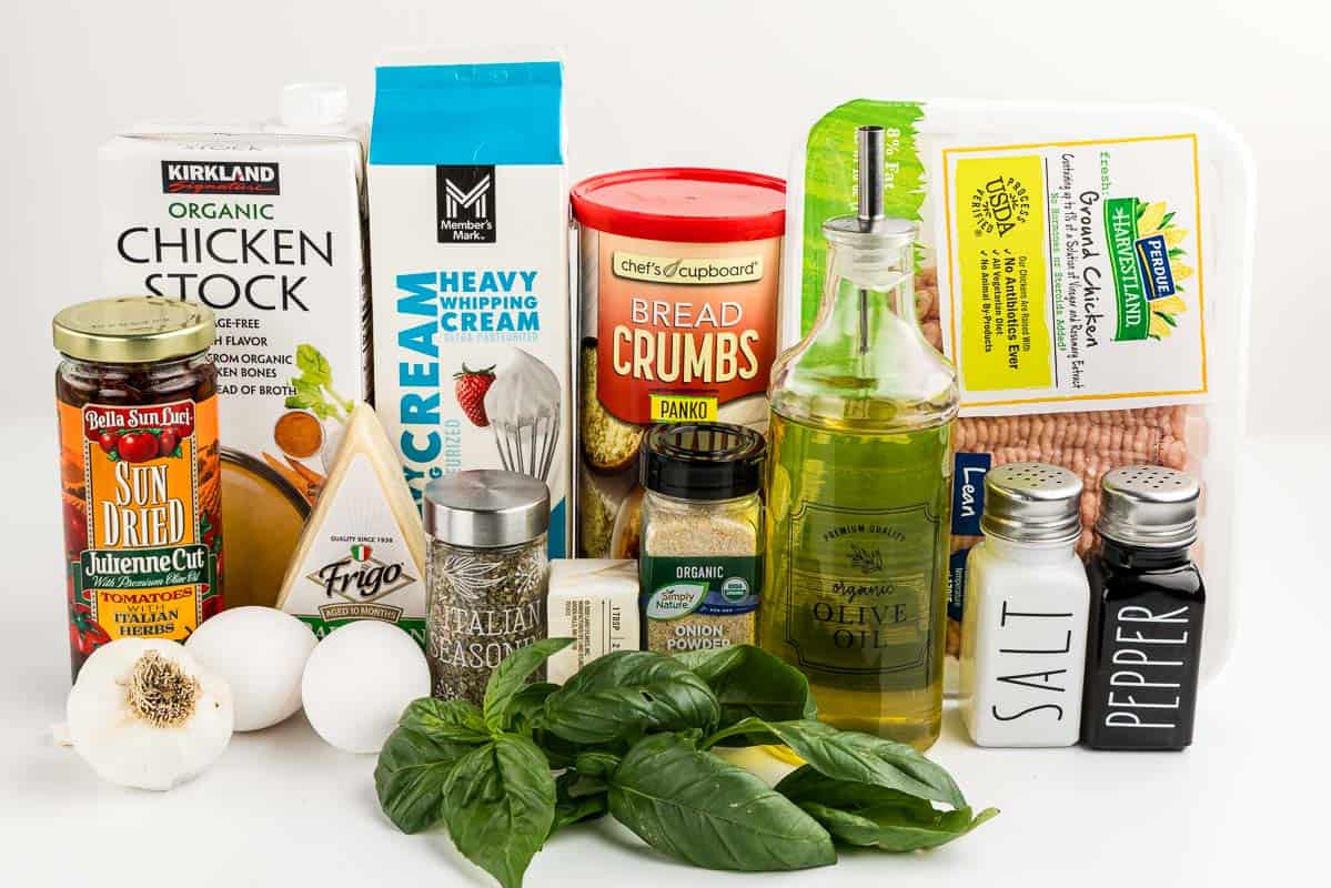 Marry me chicken meatballs ingredients on a white countertop.