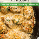 Chicken meatballs covered in sauce in a skillet with a graphic overlay.