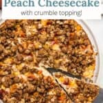 A serving plate of peach cheesecake with a graphic overlay.