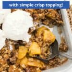 A spoon scooping peach crisp out of a pan with a graphic overlay.