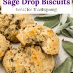 A cluster of sage biscuits on a sheet pan with a graphic overlay.