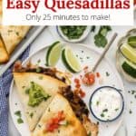 An overlay of text on an image of a plate of sliced quesadillas with toppings.