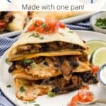 A stack of quesadillas on a serving dish with a graphic overlay.