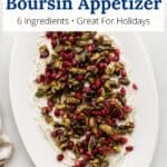 Overhead of a large serving of boursin dip with a graphic overlay.