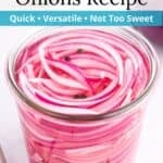 A jar of pickled onions with a graphic overlay of text.