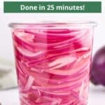 Onions floating in pickling juice with a graphic overlay.